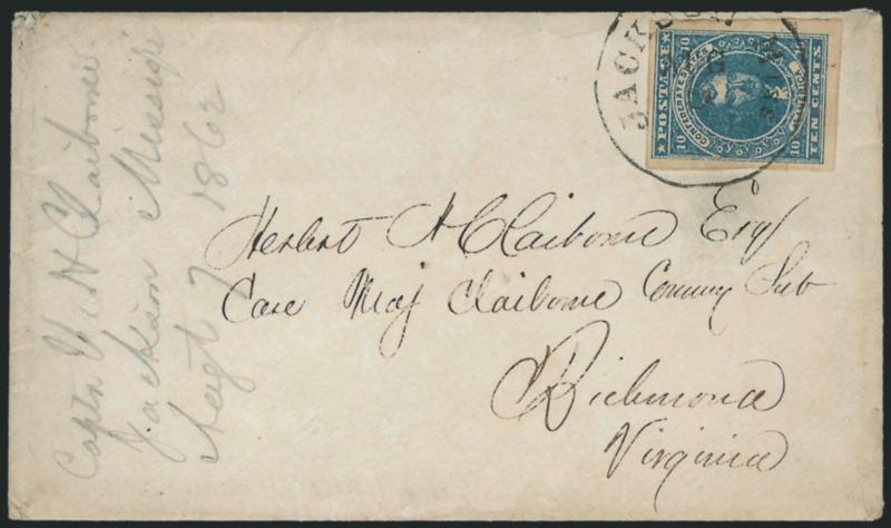 10c Dark Blue, Hoyer & Ludwig (2b).> Large margins, intense shade and impression, tied by Jackson Miss. Aug. 9 (1862) circular datestamp on cover to Richmond Va., pencil docketing, Extremely Fine, ex Hall, with
2002 P.F. certificate