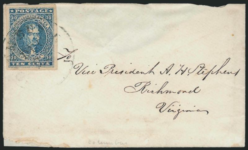 10c Dark Blue, Hoyer & Ludwig (2b).> Large even margins, sharp impression, tied by Columbus Ga. Dec. 22 circular datestamp on small cover to Vice President Stephens in Richmond, backflap removed as usual, insect
nibbling at bottom left, still attra