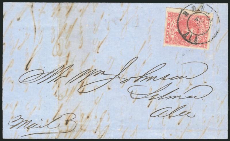10c Carmine (5a).> Bright color, huge margins to full at bottom, tied by neat Mobile Ala. Aug. 2, 1862 double-circle datestamp on blue folded letter to Selma Ala., light file folds do not affect stamp<><>^VERY
FINE. A BEAUTIFUL AND RARE 10-CENT C
