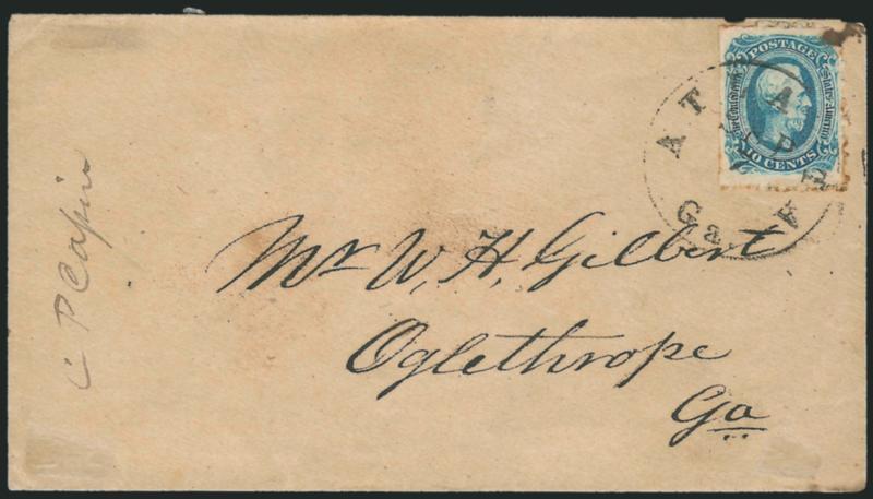 10c Blue, Die B, Atlanta Ga. Roulette (12 var).> Clear roulettes on three sides, tied by Atlanta Ga. Sep. 7 circular datestamp on homemade cover to Oglethrope Ga., some light toning along roulettes, otherwise
Very Fine, scarce, with 2003 P.F. certi