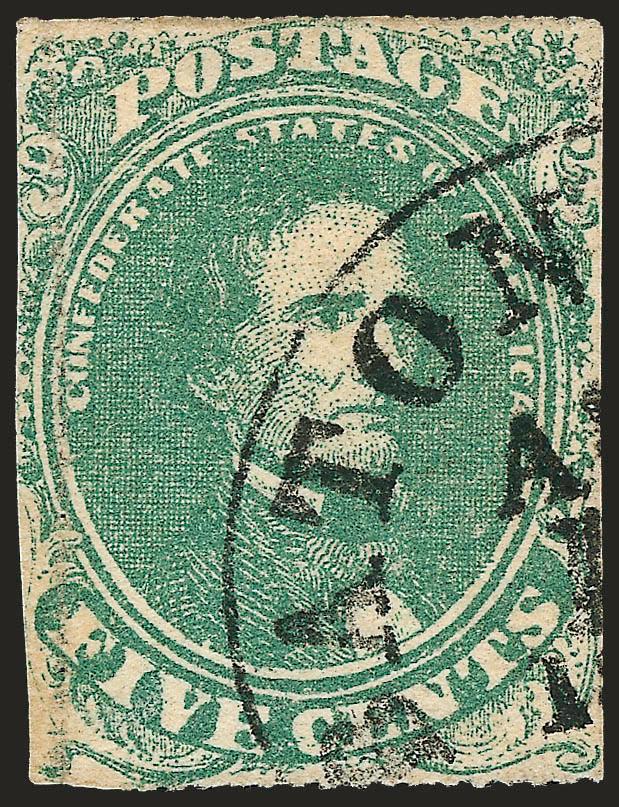 5c Green, Stone 2, Baton Rouge Roulette (1 var).> Roulettes at top and bottom and inside left margin, cancelled by Baton Rouge datestamp, Fine and very scarce