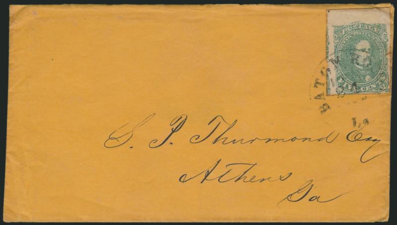 5c Green, Stone 1, Baton Rouge Roulette (1 var).> Huge top sheet margin, roulette shows clearly on three other sides, bright color, tied by Baton Rouge La. Feb. 24 (1862) circular datestamp on orange cover to
Athens Ga., backflap removed, stamp has