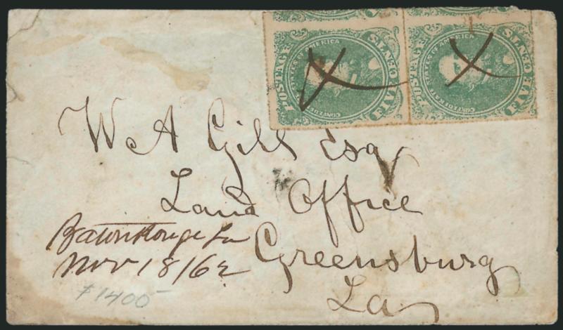 5c Green, Stone 1, Baton Rouge Roulette (1 var).> Vertical pair, mostly complete roulettes, large ms. X cancels, matching aton Rouge La. Nov. 1862 manuscript postmark used during Confederate re-occupation> on
cover to Greensburg La., embossed