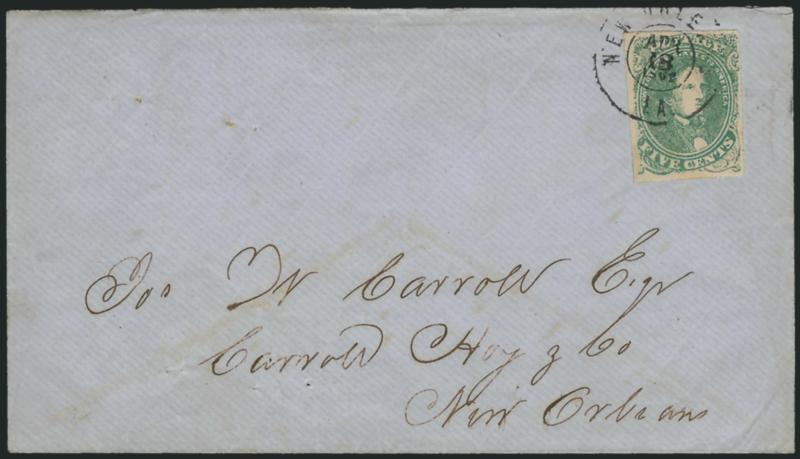 5c Green, Stone 1, Baton Rouge Roulette (1 var).> Position 21 <acid flaw on cheek,> roulettes on three sides, large s.e. at left, distinctive yellowish shade, tied by <New Orleans La. Apr. 18, 1862 river mail
double-circle datestamp> on bluish gray