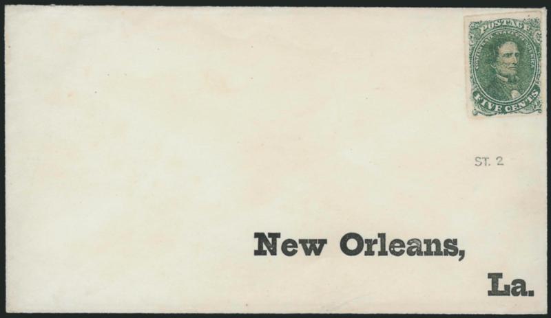 5c Green, Stone 2, Baton Rouge Roulette (1 var).> Two envelopes with printed New Orleans, La. address, each with uncancelled rouletted stamp, one toned and soiled, other cleaned with Very Fine appearance (ex
Hill), these were prepared for use but n