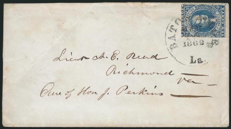 10c Dark Blue, Hoyer & Ludwig, Baton Rouge Roulette (2b var).> Full and well-defined Baton Rouge roulette on left, also shows at top, tied by Baton Rouge La. Mar. 15, 1862 circular datestamp on cover to Richmond
Va. with <pink lining,> folded over