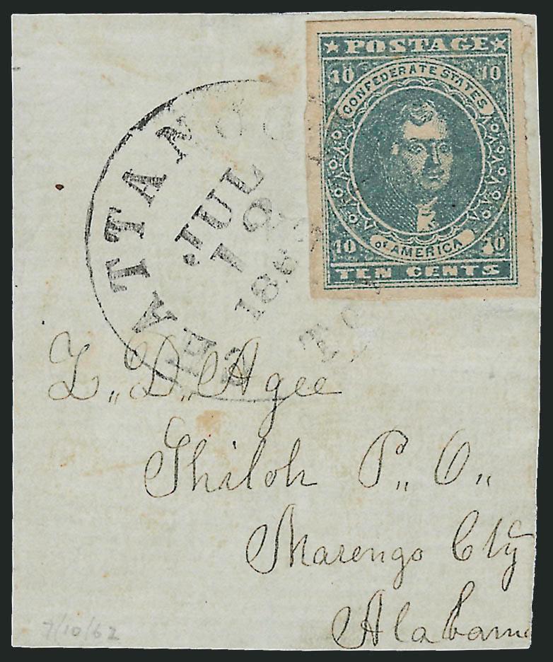 10c Dark Blue, Hoyer & Ludwig, Chattanooga Tenn. Roulette (2b var).> Large margins all around, full roulette at right, tied by Chattanooga Ten. Jul. 12, 1862 circular datestamp on piece with Shiloh Ala. address,
Extremely Fine, extremely rare unoff