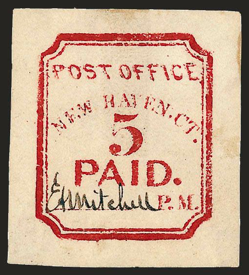 New Haven Conn., 5c Carmine, Reprint (8XU1R).> Dark Blue signature, small toned spot at top, otherwise Very Fine