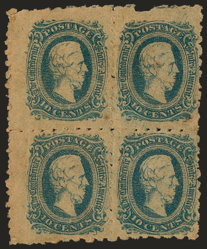 10c Blue, Die A, Forsyth Ga. Serpentine Roulette (11 var).> Block of four, original gum, rich color, some slight overall toning from gum, few small flaws, Fine-Very Fine appearance, a scarce block, with 2001
P.S.E. certificate