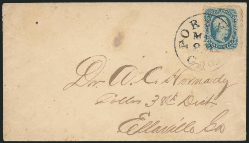 10c Dark Blue, Die B, Forsyth Ga. Serpentine Roulette 8 (12d var).> Full roulettes on all sides, tied by neat strike of Forsythe Geo. Mar. 29 circular datestamp on cover to Ellaville Ga., trivial cover stain
spot, Very Fine, attractive, with 1997 C