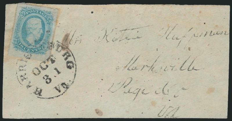 10c Greenish Blue, Die A, Harrisonburg Va. Roulette (11c var).> Showing unusually clear roulettes on all four sides and also <double roulette at top and right,> tied by Harrisonburg Va. Oct. 31 circular
datestamp on reduced cover front only to Mark