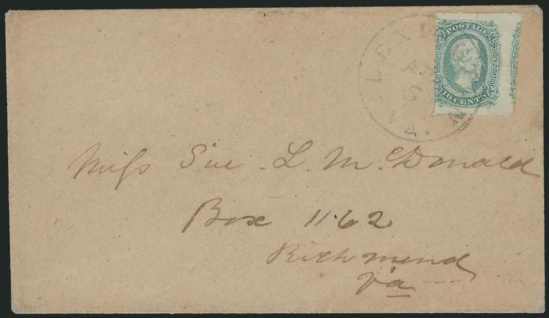 10c Blue, Die A, Harrisonburg Va. Roulette (11 var).> Showing full roulettes on all sides, centered to left, tied by Lexington Va. Apr. 5 circular datestamp on homemade cover to Richmond Va., Very Fine, ex
Myerson