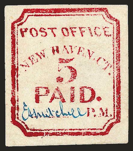 New Haven Conn., 5c Carmine, Reprint (8XU1R).> Blue signature, tiny pinhole at bottom, Very Fine appearance