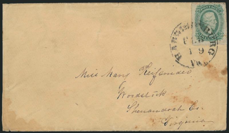10c Green, Die A, Harrisonburg Va. Roulette (11d var).> Clear roulettes on all sides, tied by Harrisonburg Va. Feb. 19 circular datestamp on cover to Woodstock Va., few toned spots, Very Fine, with 1998 Green
certificate stating this is the first