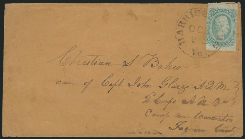 10c Blue, Die A, Harrisonburg Va. Roulette (11 var).> Clear roulettes on three sides, tied by neat strike of Harrisonburg Va. Oct. 22 circular datestamp on buff cover to military address at <<Camp near
Warrenton>>, stamp with few minor creases, o