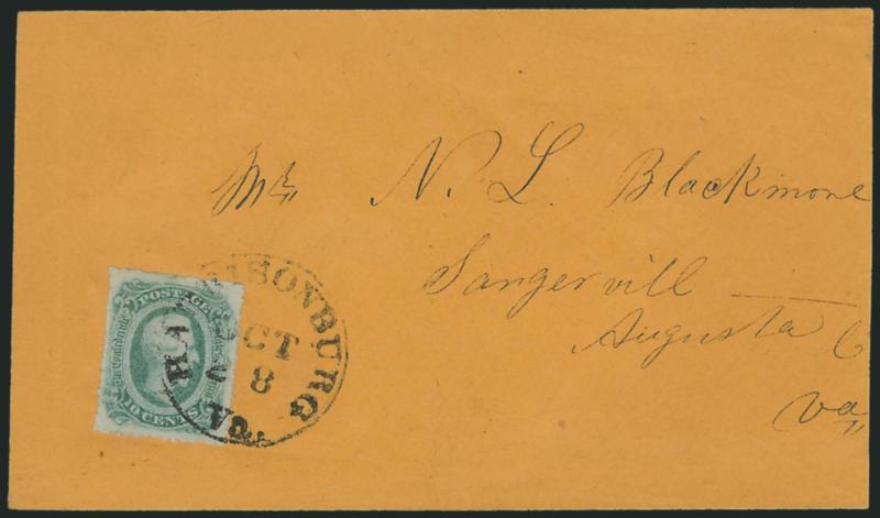 10c Blue, Die B, Harrisonburg Va. Roulette (12 var).> Showing clear roulettes on all four sides, bright shade, tied by Harrisonburg Va. Oct. 28 circular datestamp on orange cover to Augusta Va., reduced at
right, fresh and Very Fine, a pretty cover