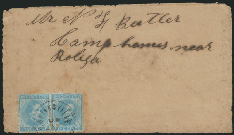 5c Light Blue, De La Rue, Martinsville Va. Sewing-Machine Perf (6 var).> Horizontal pair, tied by Martinsville Va. circular datestamp (date unclear) on homemade brown cover to <<Camp Cames near Raliza>>
(Raleigh), minor gum stains, usual edge wea