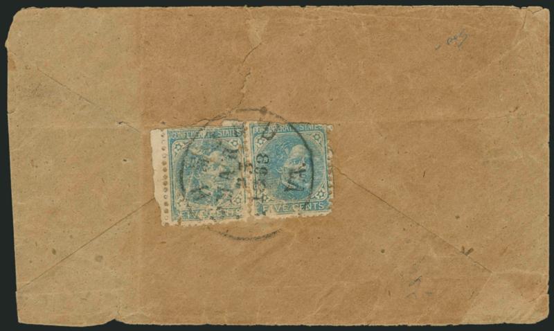 5c Blue, Local (7).> Horizontal pair, creases, clear <private perforations,> tied by Richmond Va. Mar. 25, 1863 circular datestamp on back of homemade cover, defective but still Fine, unusual item