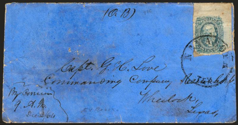 10c Blue, Die A, Navasota Tex. Pin-Perf (11 var).> Top right corner sheet margin with perfs complete at left and bottom, usual gum soaks, tied by Navasota Tex. dateless circle on blue enamel cover to Capt. G. H.
Love at Wheelock Tex., senders rout