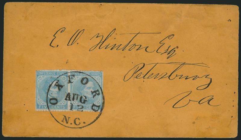 5c Light Blue, De La Rue, Oxford N.C. Roulette (6 var).> Horizontal pair, prominently displaying the horizontal roulettes, bright color, tied by bold Oxford N.C. Aug. 12 circular datestamp on orange <turned
cover> to Petersburg Va., inside bears U.