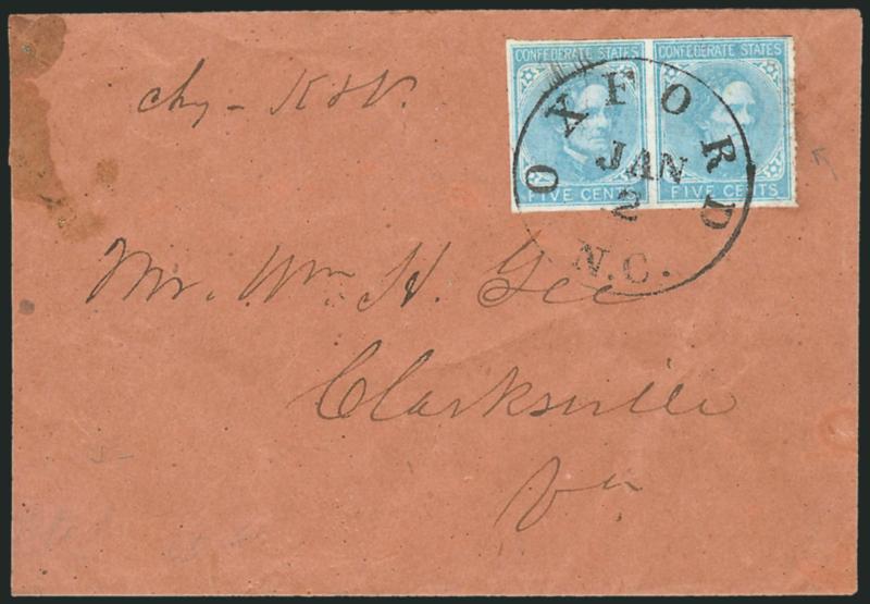 5c Light Blue, De La Rue, Oxford N.C. Roulette (6 var).> Horizontal pair, roulette at right, large margins all around, tied by Oxford N.C. Jan. 2 circular datestamp on red-brown homemade cover to Clarksville
Va., reduced at left, the manuscript box
