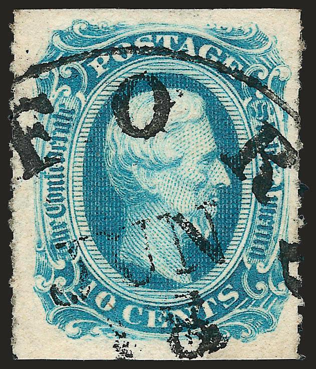 10c Blue, Die B, Oxford N.C. Roulette (12 var).> Roulettes at sides, razor-cut at top and bottom, bold Oxford N.C. datestamp, gorgeous color and impression, Extremely Fine