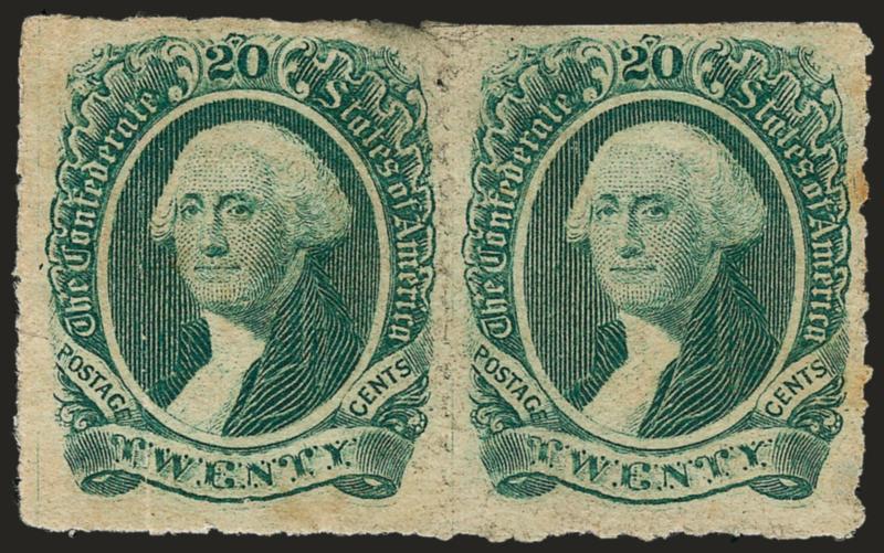20c Green, Oxford N.C. Roulette (13 var).> Horizontal pair, unused (no gum), roulettes on three sides and between stamps, small tear, creases and tiny thin, still Fine and very rare, attributed to Oxford
N.C.