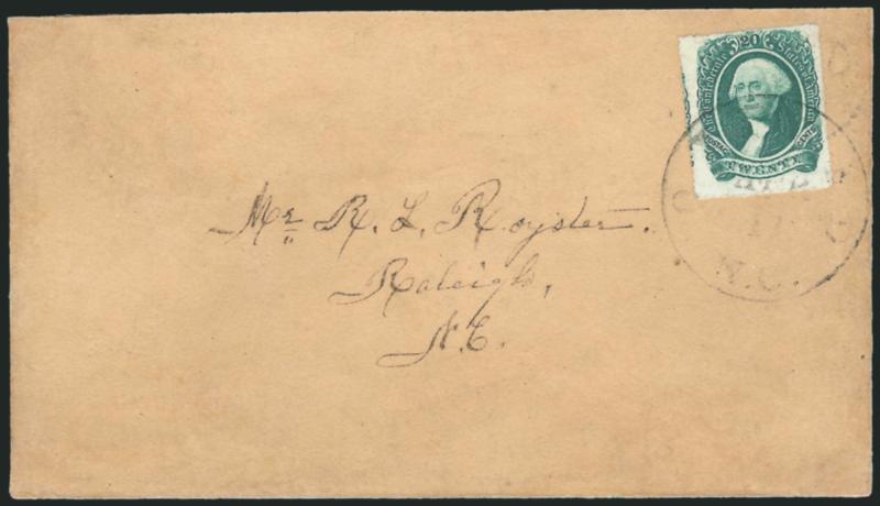 20c Green, Oxford N.C. Roulette (13 var).> Perfectly centered with roulettes on <all four sides,> intense shade and impression, tied by Oxford N.C. Apr. 11 (1865) circular datestamp on brown cover to Raleigh
N.C., the stamp is affixed over the <Oxf