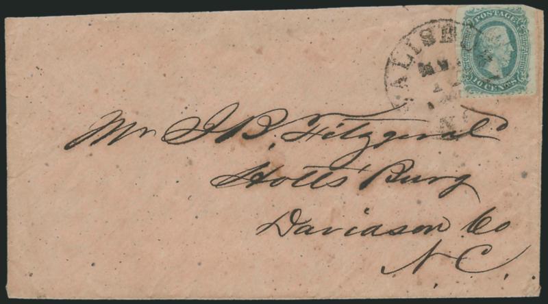 10c Blue, Die A, Salisbury N.C. Roulette (11 var).> Unofficial roulettes at bottom, large margins other sides, small tear at left, tied by Salisbury N.C.  circular datestamp on homemade cover to Pottsburg N.C.,
slightly reduced at top and missing t