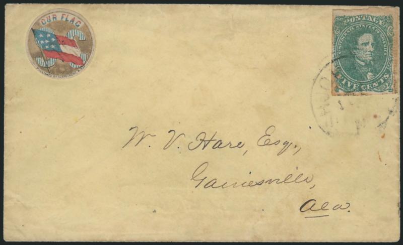 5c Green, Stone 2, Shuqualak Miss. Sewing Machine Perf (1 var).> Mostly ample to large margins showing complete row of pin-perfs along right side, gum stains, tied by Shuqualak Miss. circular datestamp on yellow
cover to Gainesville Ala., <multicol