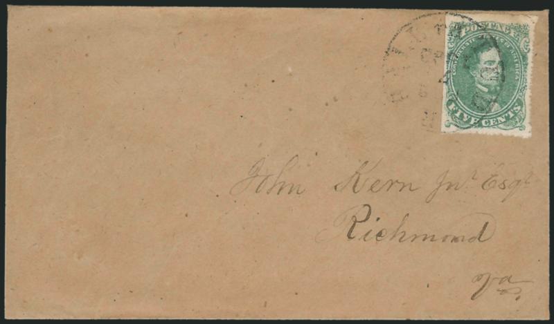 5c Green, Stone 1, Tudor Hall Va. Sewing Machine Perforations (1 var).> Large margins showing sewing machine holes at right and bottom, as well as two holes at upper right corner, tied by Tudor Hall Va. Feb. 7,
1862 circular datestamp on brown cove