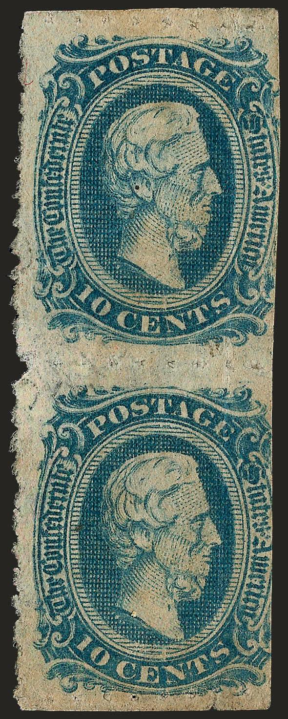 10c Blue, Die A, Roulette (11 var).> Vertical pair, unused (no gum), roulette at left and between stamps (possibly Harrisonburg), crease, otherwise Fine, rare unused multiple