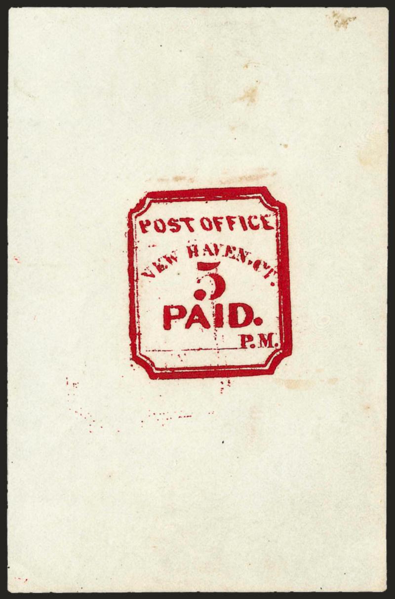 New Haven Conn., 5c Carmine, Reprint (8XU1R).> Unsigned, probably the 1872 Seebeck reprint, 62 x 96mm, Very Fine, with 1958 P.F. certificate