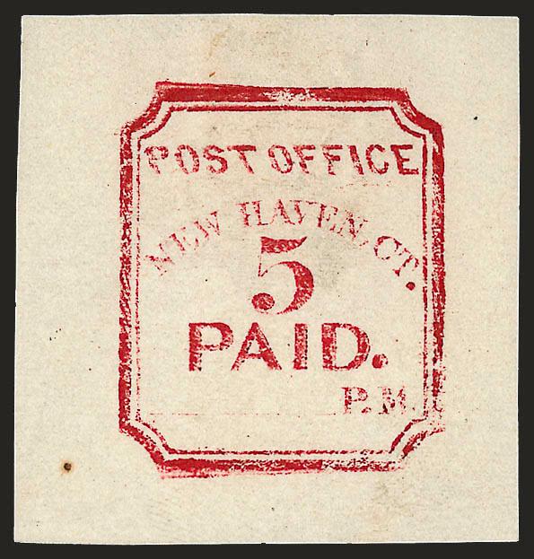New Haven Conn., 5c Carmine, Reprint (8XU1R).> Unsigned, probably the 1872 Seebeck reprint, Very Fine