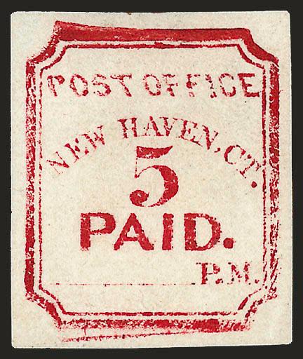 New Haven Conn., 5c Carmine, Reprint (8XU1R).> Unsigned, probably the 1872 Seebeck reprint, rich color, Very Fine