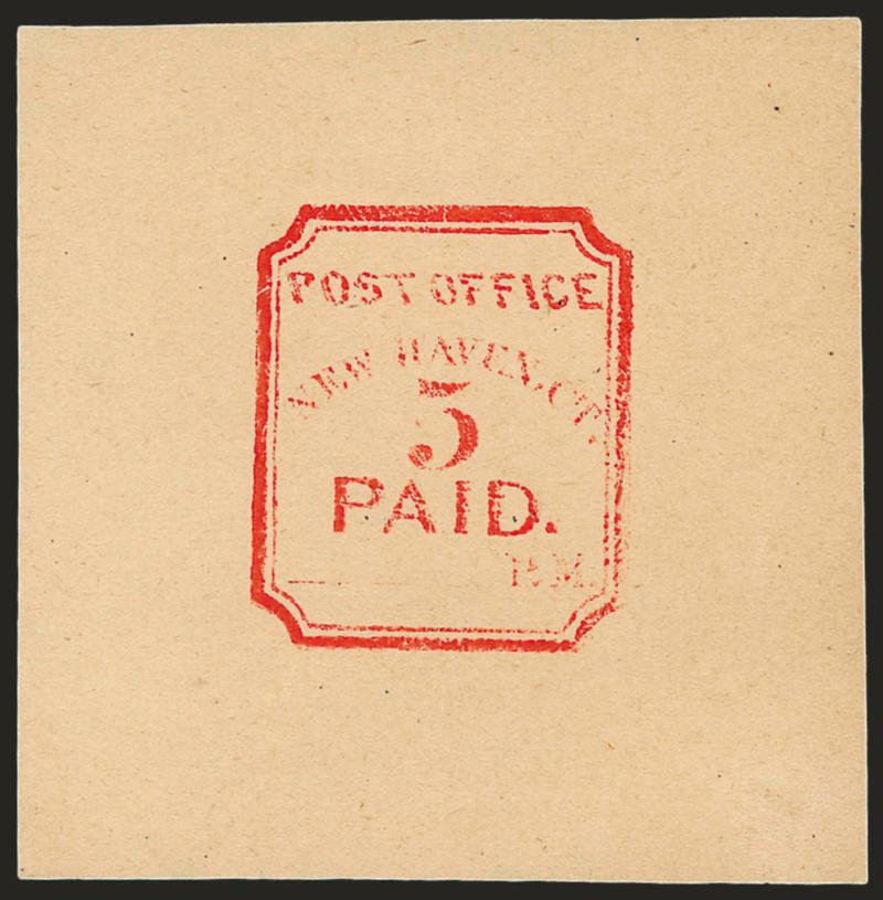 New Haven Conn., 5c Red, Reprint (8XU1R).> Six impressions on individual pieces and one piece bearing two impressions, all unsigned, on a much darker paper than other reprints, impressions vary from very poor to
proof-like, few flaws, Very Fine, fasc