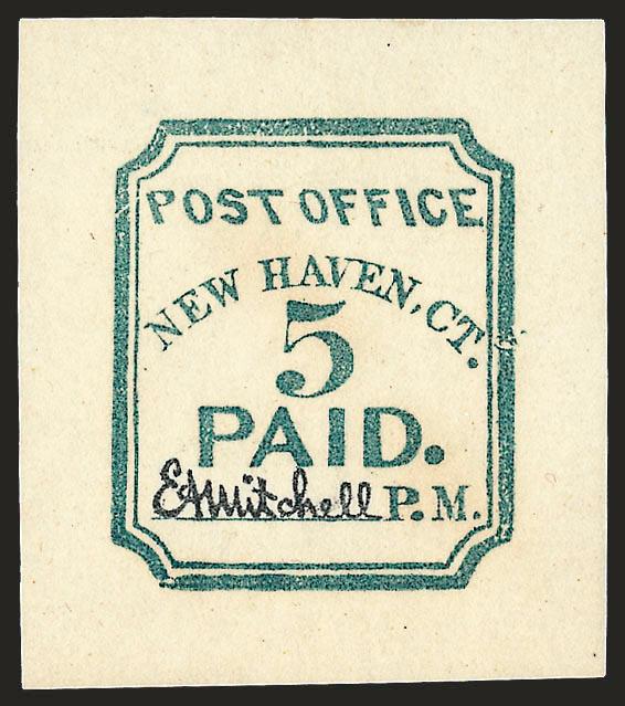 New Haven Conn., 5c Final Reprint (8XU1R).> Ten of the final 260 reprints from 1932, incl. five in blue and five in red, each with handstamp on back reading 1932 Final Re-Strike No.____ Limited 260, incl. Nos. 9,
10, 111, 155, 156, 173, 180, 183, 2