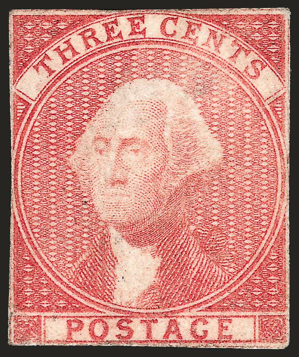 Bradbury, Wilkinson & Co., 3c Dull Scarlet, Die Essay on Card (11-E5b).> Cut to shape as usual, bright color, some card thinning, small toned spot, otherwise Fine, scarce
