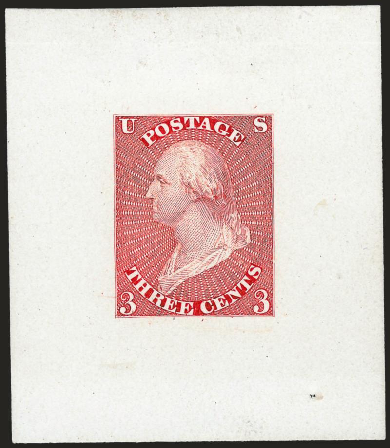 Draper, Welsh & Co., 3c Die Essay on White Glazed Paper (11-E7e).> 43 x 50mm and struck in Scarlet, brilliant color, small thin spot at top and tiny pinhole at bottom (both far from design), Very Fine
appearance