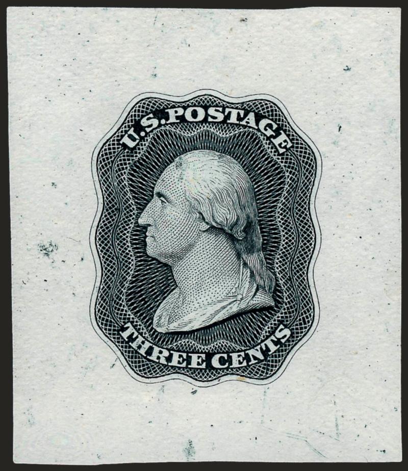 Danforth, Bald & Co., 3c Die Essay on India, Bond, Single Line Frame (11-E12b, 11-E12c).> Three of first, from 27 x 32mm to 45 x 50mm, incl. Scarlet, Deep Scarlet and Dark Blue, one of second in Black, also incl.
Green cut to shape and mounted on pie