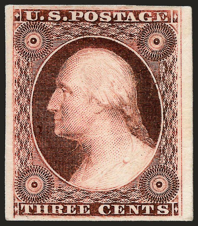 3c Red, Ty. II, Plate Proof on India (26P3).> Large margins all around, rich color, mounted on card and so free from the defects that plague this fragile paper, Very Fine and choice, the Type II proof is very
scarce, with 1990 P.F. certificate