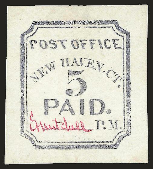 New Haven Conn., 5c Dull Blue, Reprint (8XU1R).> The 1871 reprint signed in Lilac Rose, bright color, small thin spot at top, appears Very Fine, this is the rarest of the New Haven reprints, only 20 were
produced