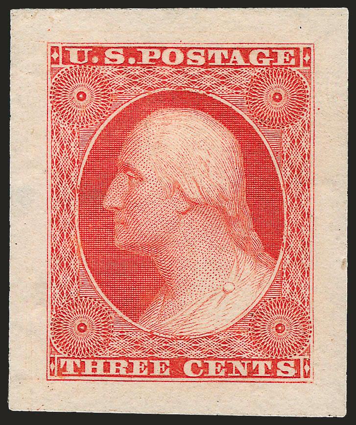 3c Scarlet, Ty. I, Panama-Pacific Small Die Proof (41P2a).> Large margins, radiant color, tiny thin spot in left center margin not mentioned on accompanying certificate, Very Fine appearance, scarce, perhaps 3-5
were produced, with 1967 P.F. certific
