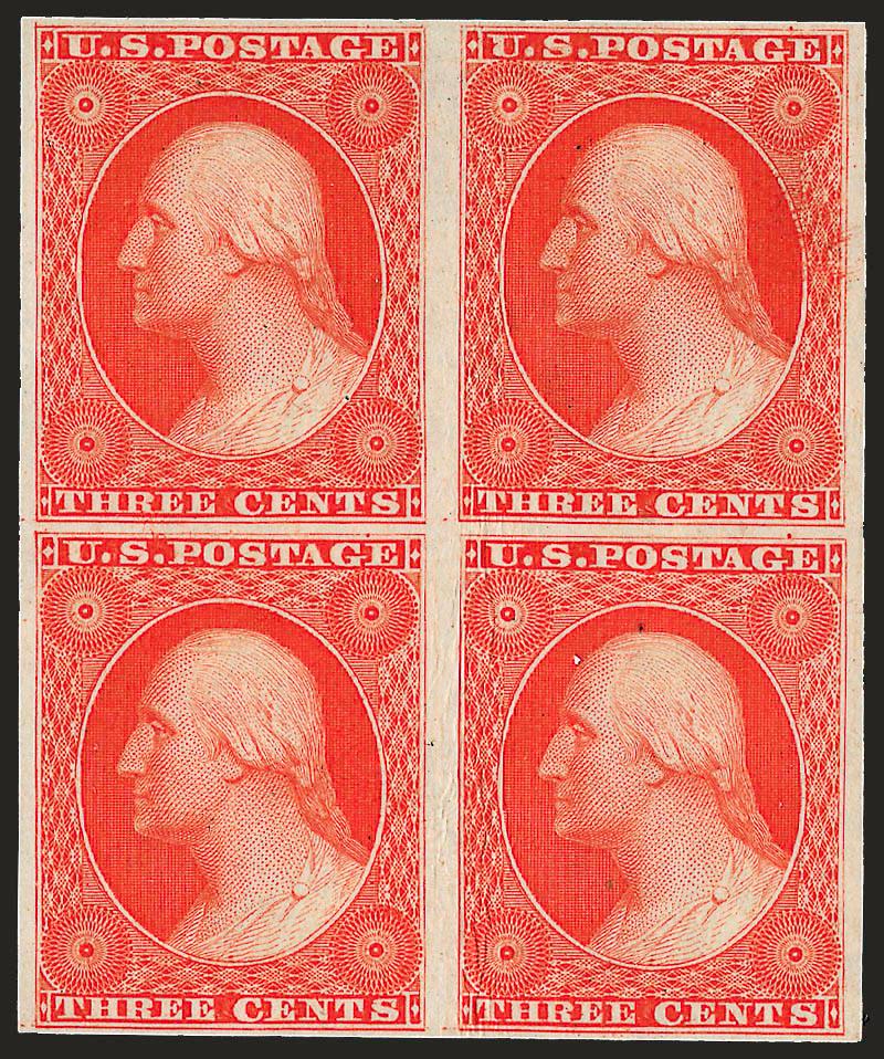 3c Scarlet, Reprint, Plate Proof on India (41P3).> Block of four, large margins to full, brilliant color as fresh as the day it was printed, Very Fine