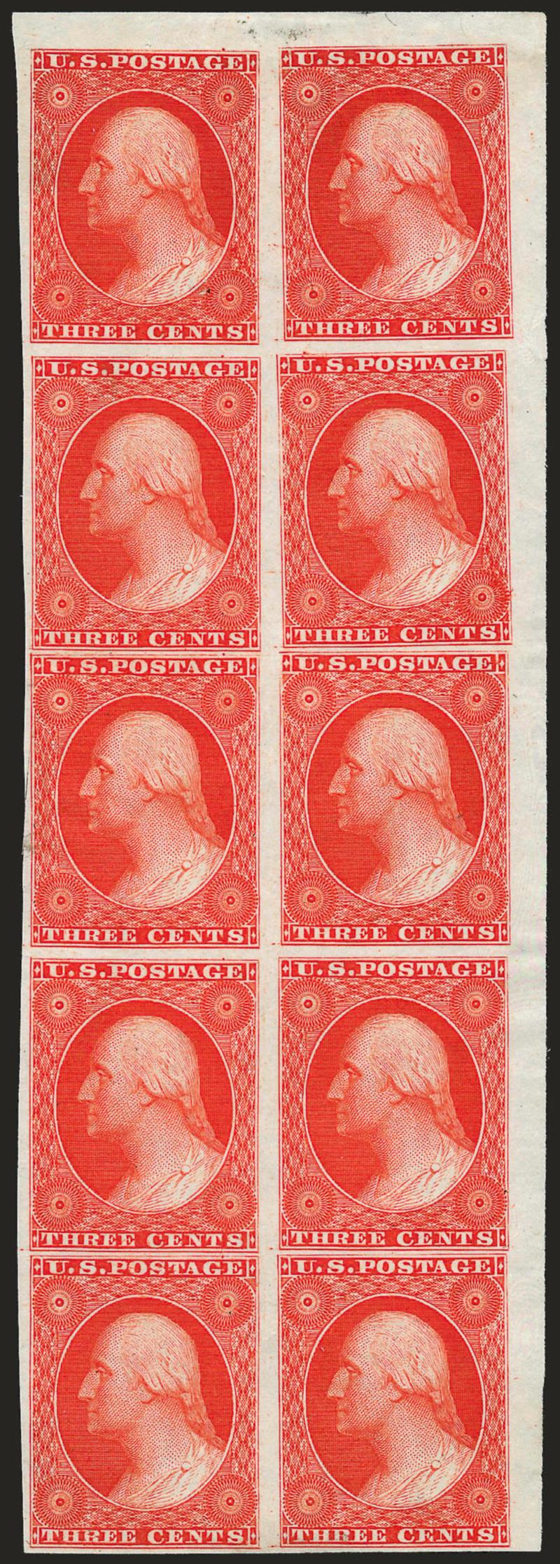 3c Scarlet, Reprint, Plate Proof on India (41P3).> Top right corner block of ten, large margins other sides, radiant color, few small imperfections often associated with this fragile paper, Very Fine appearance,
an attractive position multiple