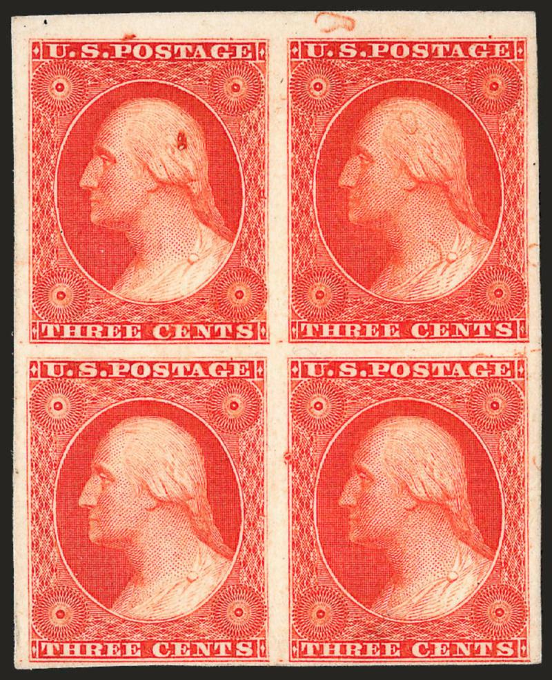 3c Scarlet, Reprint, Plate Proof on India (41P3).> Block of four, vertical strip of four, pair and single, large margins incl. block and strip with sheet margin, few minor imperfections, Very Fine and
choice