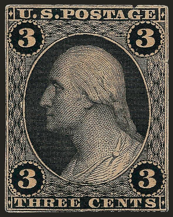 Toppan, Carpenter & Co., 3c Black, Die Essay on Old Proof Paper (65-E4b).> Stamp size as always, intense shade, small closed tear at right, appears Very Fine, scarce
