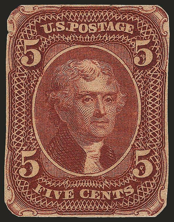 Toppan, Carpenter & Co., 5c Brown, Die II, Die Essay on Brown Toned Paper (67-E4b).> Cut to shape as always, bright color, faint thin spot and tiny tear, appears Very Fine, scarce, this essay is known in both
Brown and Black