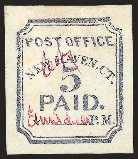 New Haven Conn., 5c Dull Blue, Reprint (8XU1R).> Signed in Lilac Rose and also matching Copy at center, central thin spot, Very Fine appearance, it is not known exactly when the reprints with Copy were made, but
they are extremely rare