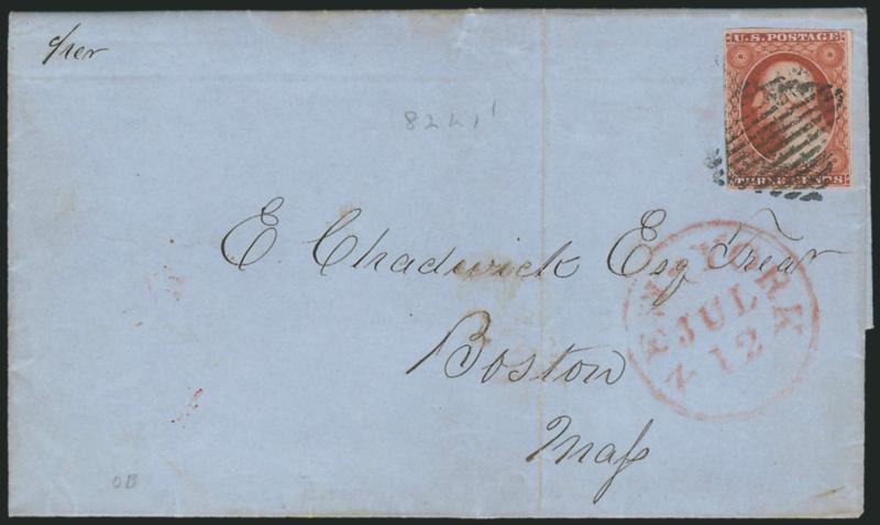 3c Deep Orange Brown, Ty. II (10A).> Position 82L1i, large margins to clear incl. part of adjoining stamp at right, tied by 13-bar square grid, red <New-York Jul. 12> circular datestamp on 1851 folded letter to
Boston, vertical file fold well away